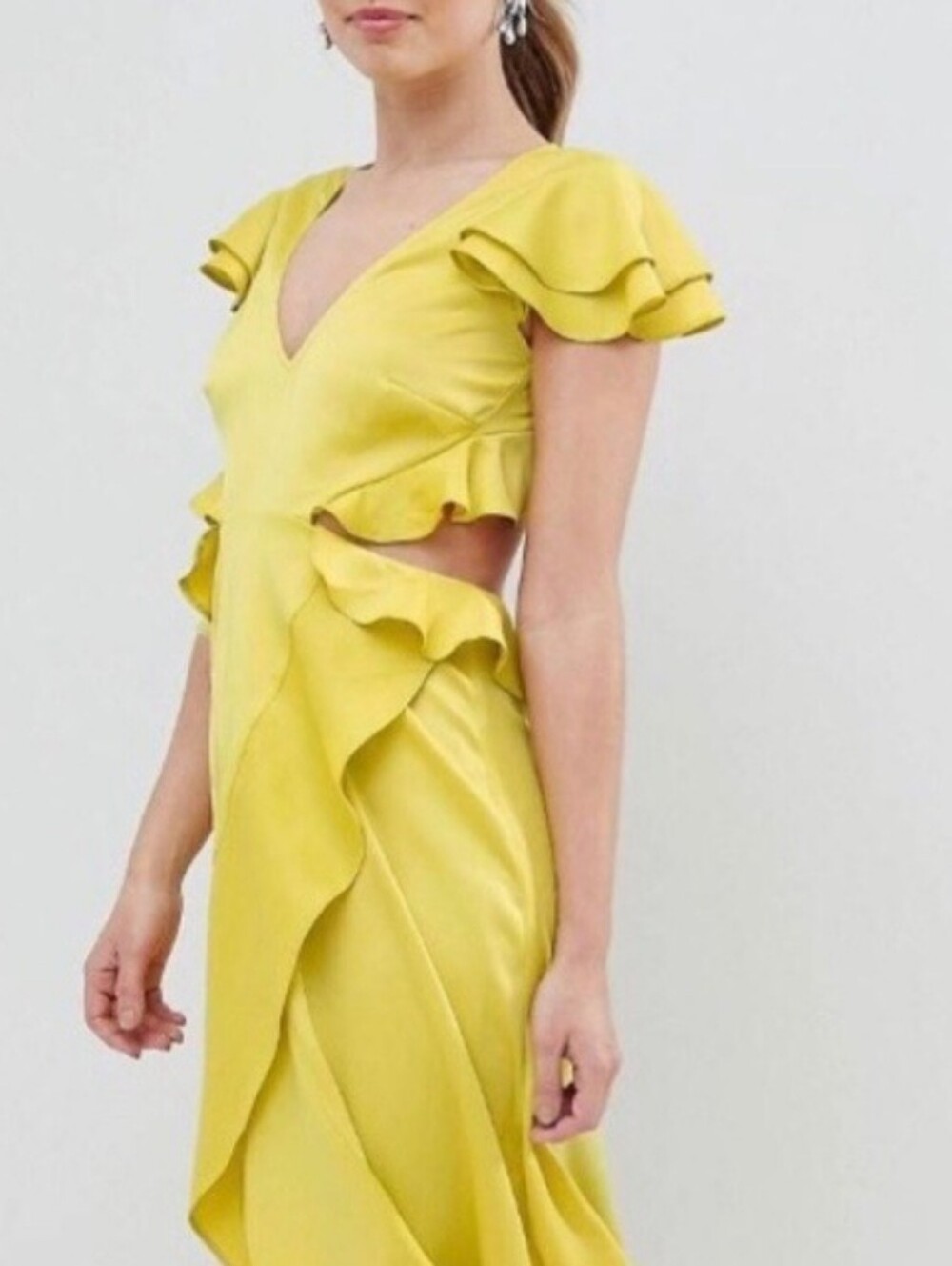 Yellow Ruffle Wrap Midi Dress - Elegant And Sexy Dress Open Back And Sides NWT